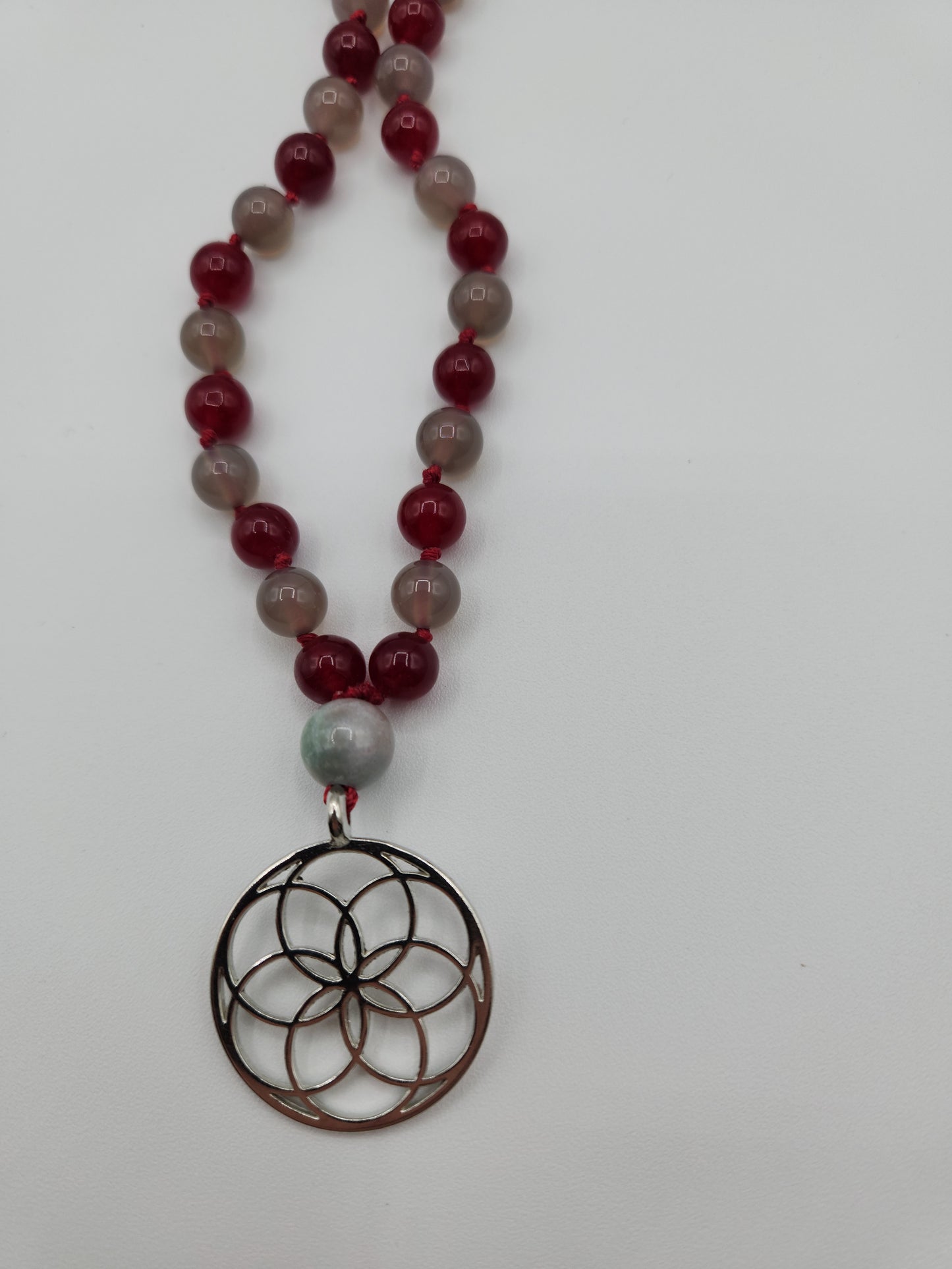 Mala Necklace Maroon Jade and Grey Chalcedony  8mm