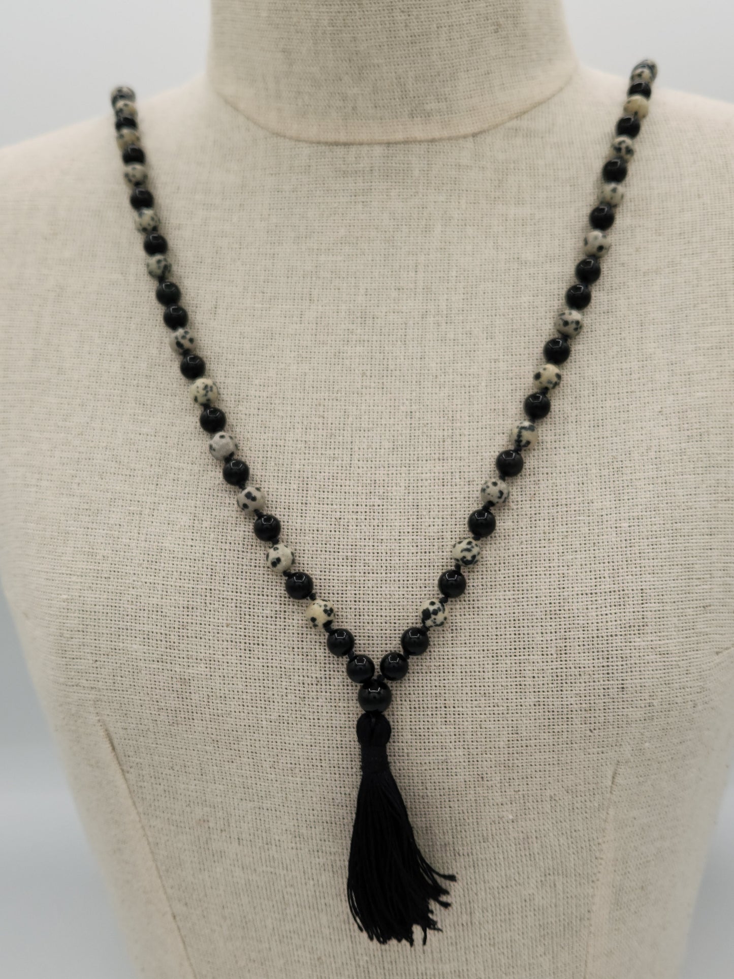 Mala Necklace Black Obsidian and Dalmation Jasper 8mm