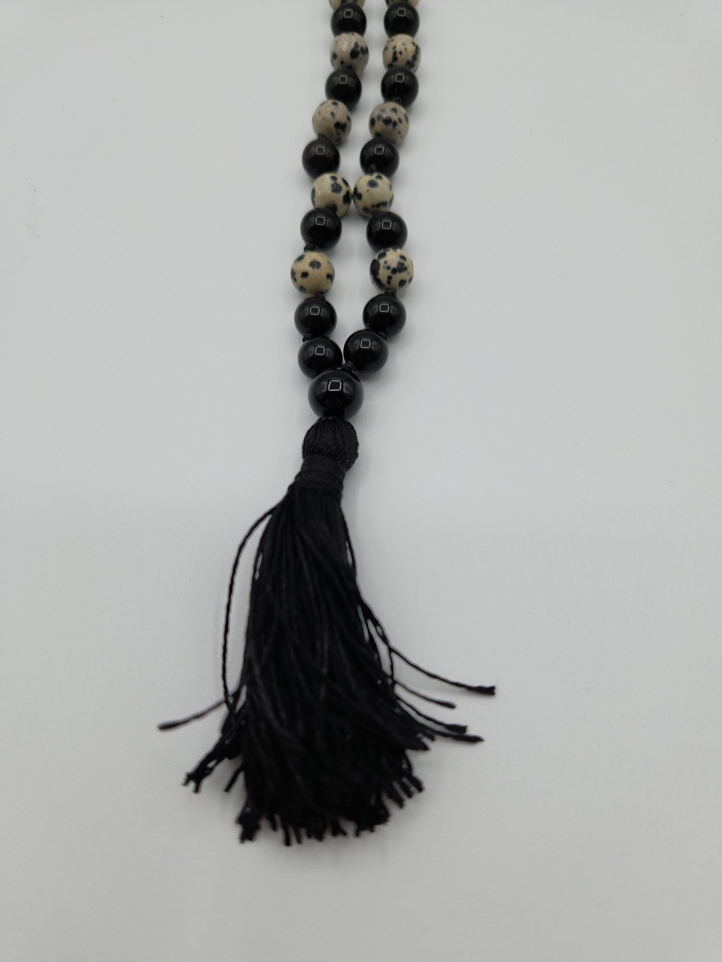 Mala Necklace Black Obsidian and Dalmation Jasper 8mm