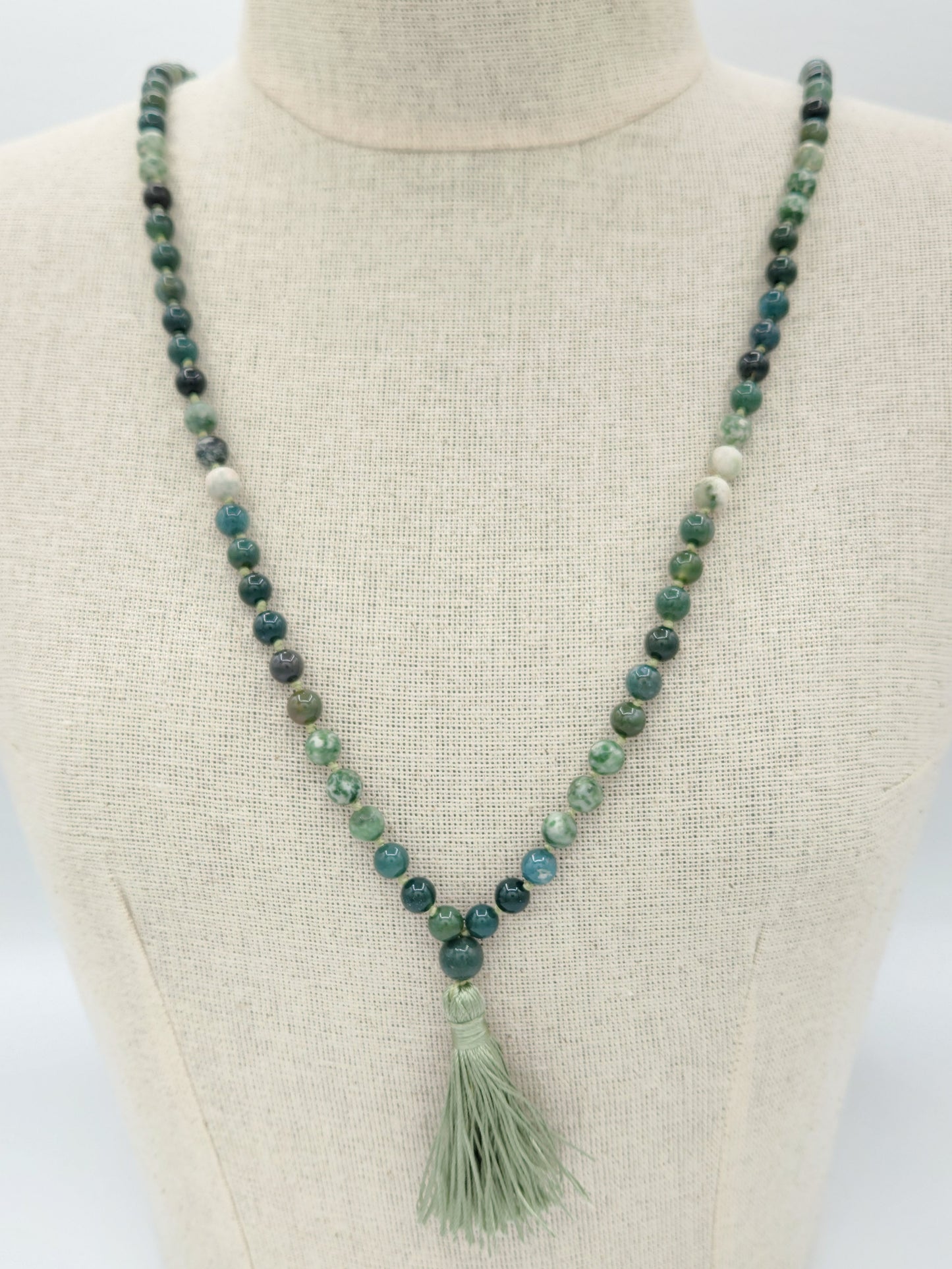 Mala Necklace Green Moss Agate and Tree Agate 8mm