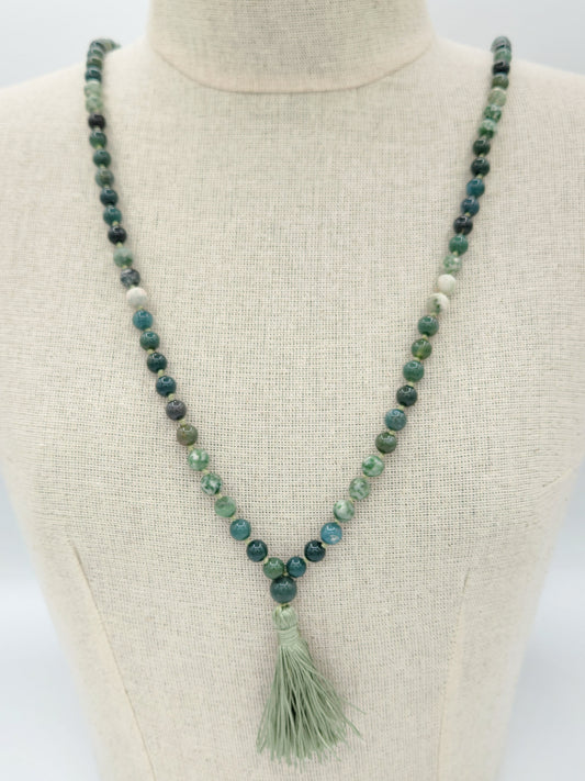 Mala Necklace Green Moss Agate and Tree Agate 8mm