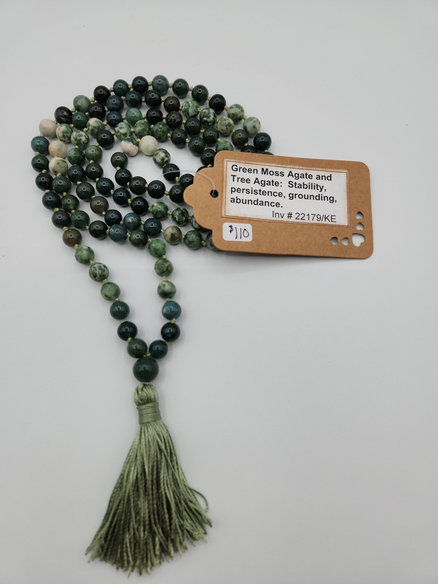 Mala Necklace Green Moss Agate and Tree Agate 8mm