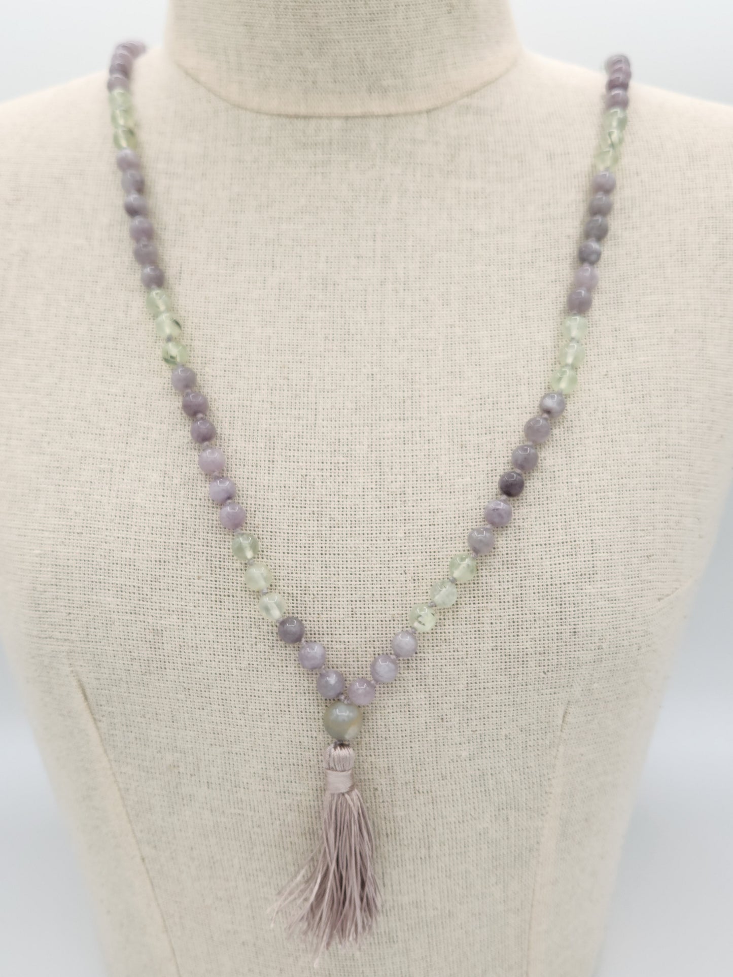 Mala Necklace Grey Jade and Prehnite 8mm