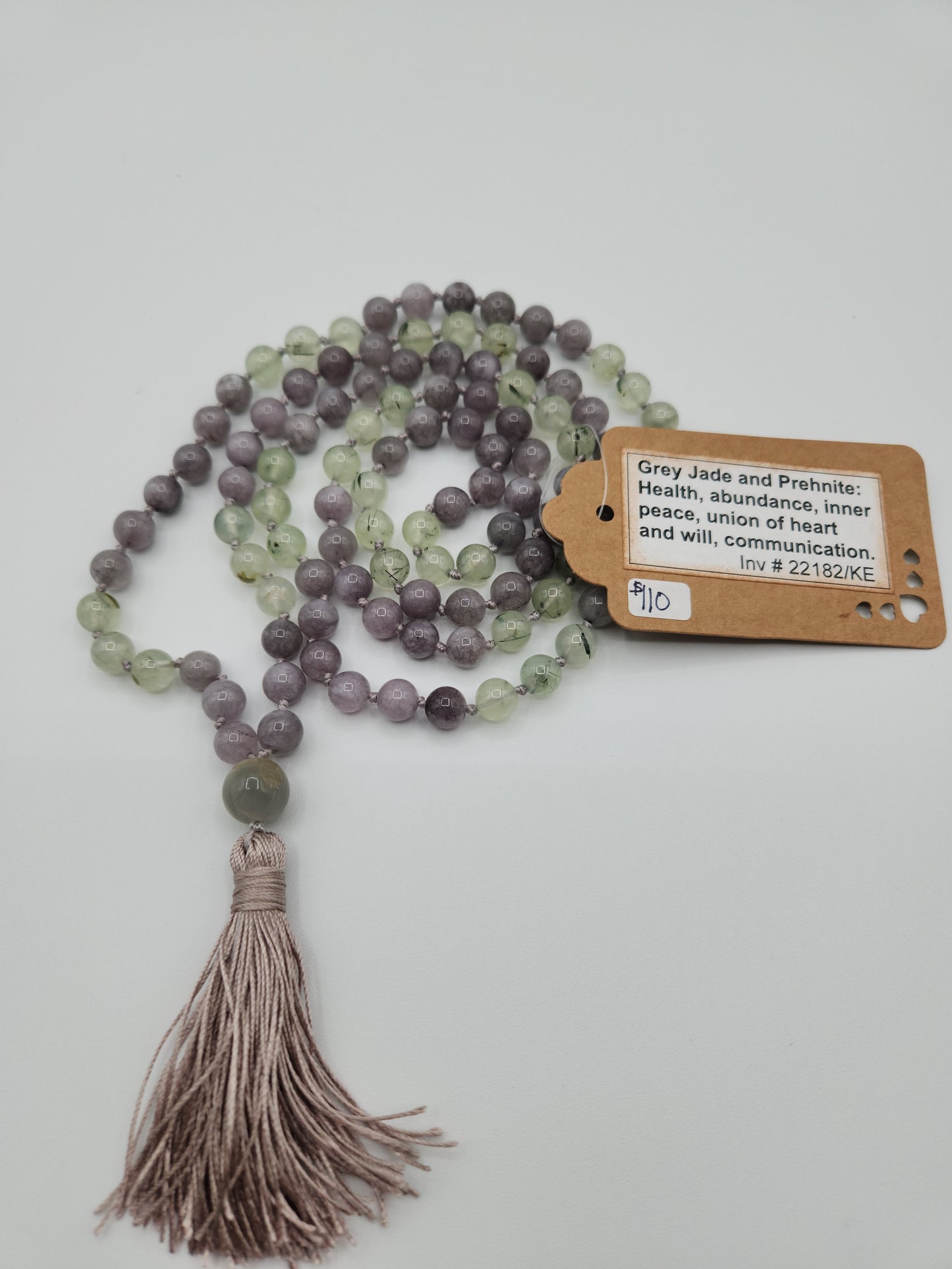 Mala Necklace Grey Jade and Prehnite 8mm