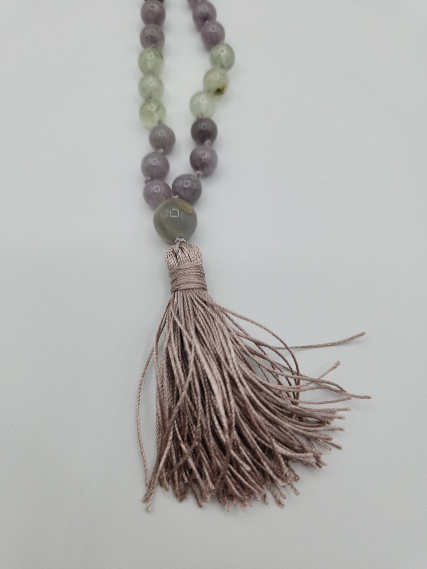 Mala Necklace Grey Jade and Prehnite 8mm