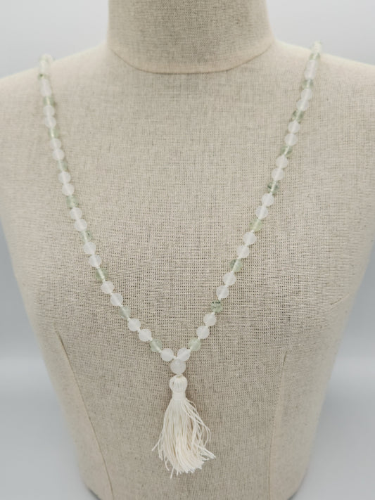 Mala Necklace White Jade and Prehnite 8mm