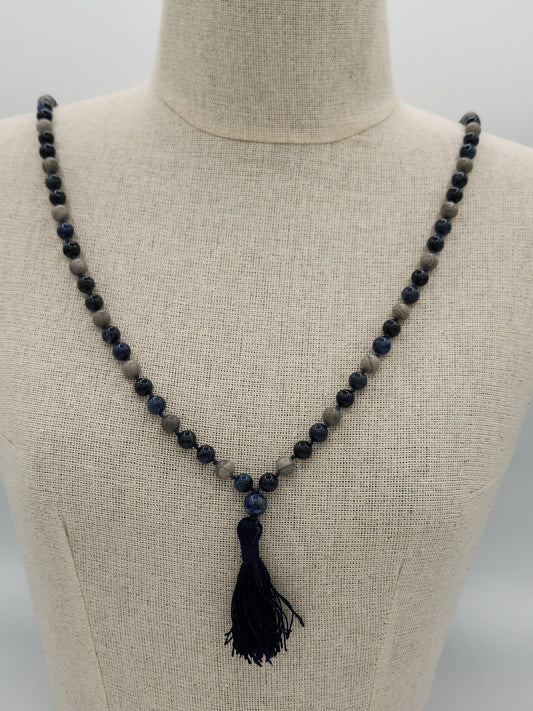 Mala Necklace Dumortierite and Spider Vein Jasper 8mm