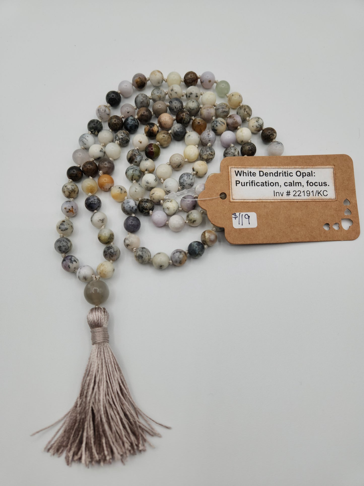 Mala Necklace White Dendritic Opal 8mm