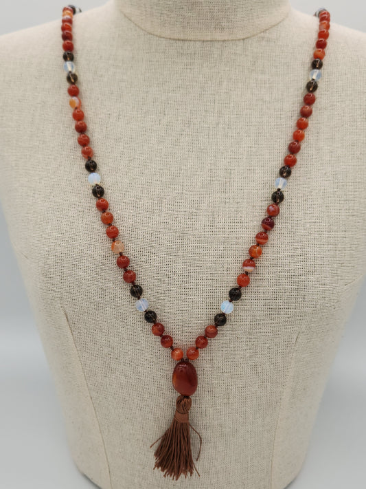 Mala Necklace Natural Red Agate, Smoky Quartz, and Opalite 8mm