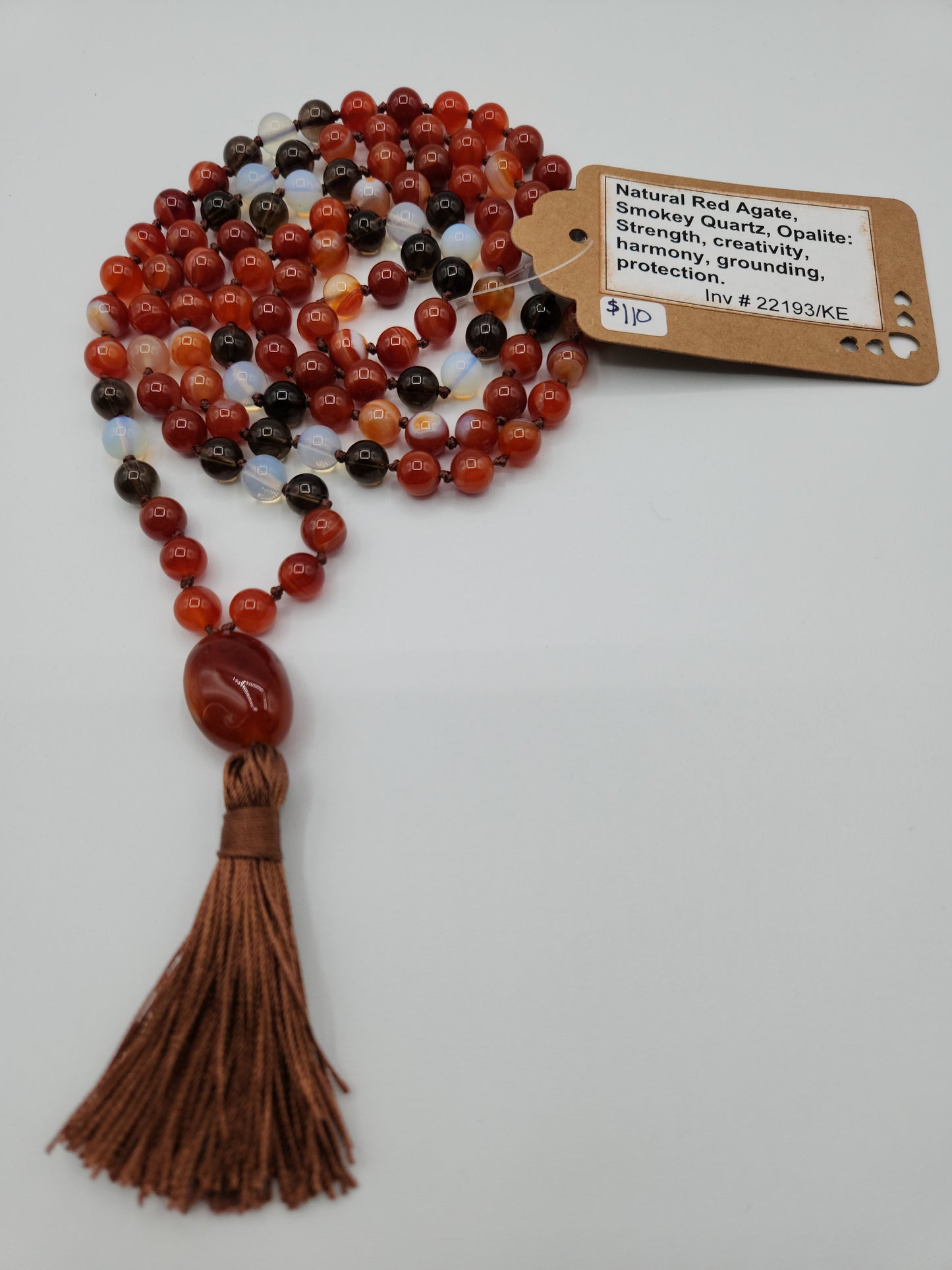 Mala Necklace Natural Red Agate, Smoky Quartz, and Opalite 8mm