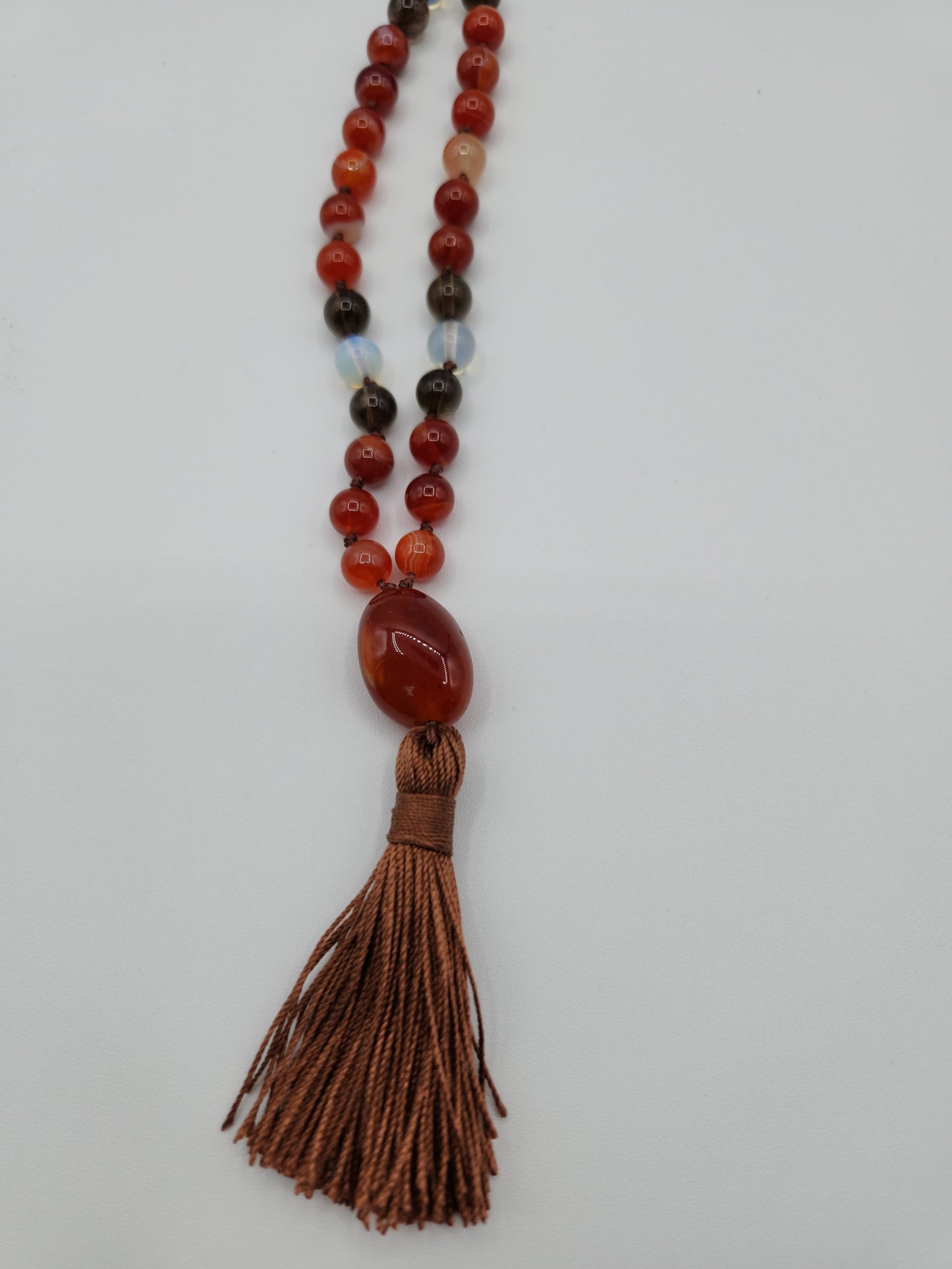 Mala Necklace Natural Red Agate, Smoky Quartz, and Opalite 8mm