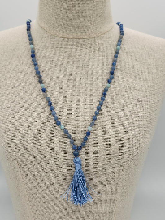 Mala Necklace Blue Aventurine and Blue Chalcedony 6mm