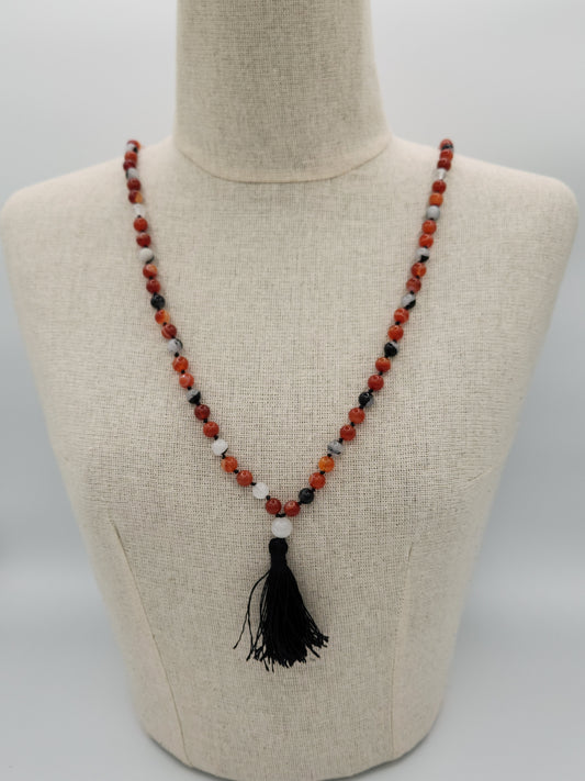 Mala Necklace Natural Red Agate and Tourmalined Quartz 8mm