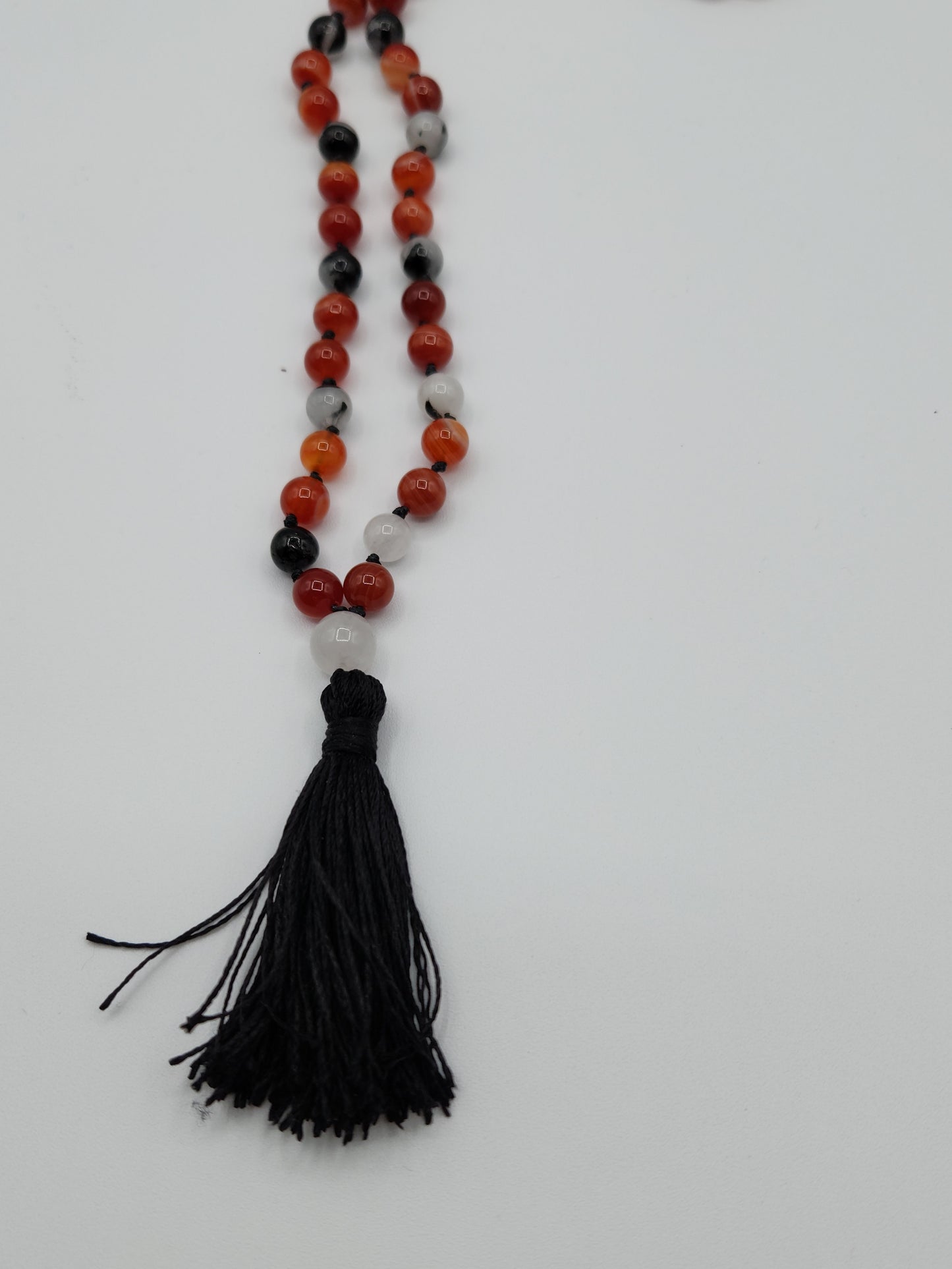 Mala Necklace Natural Red Agate and Tourmalined Quartz 8mm