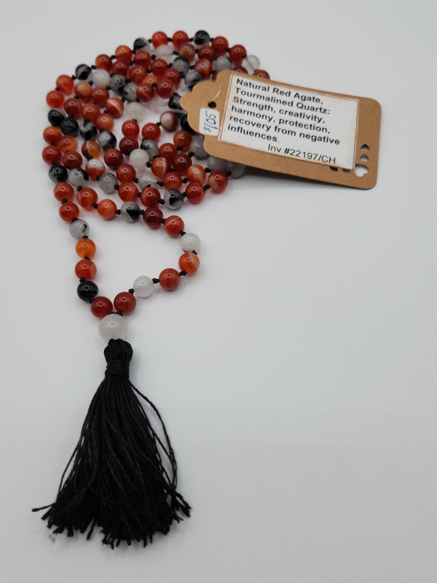 Mala Necklace Natural Red Agate and Tourmalined Quartz 8mm