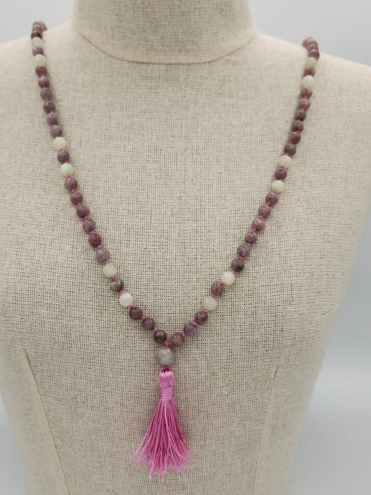 Mala Necklace Lepidolite and Natural New Jade 8mm