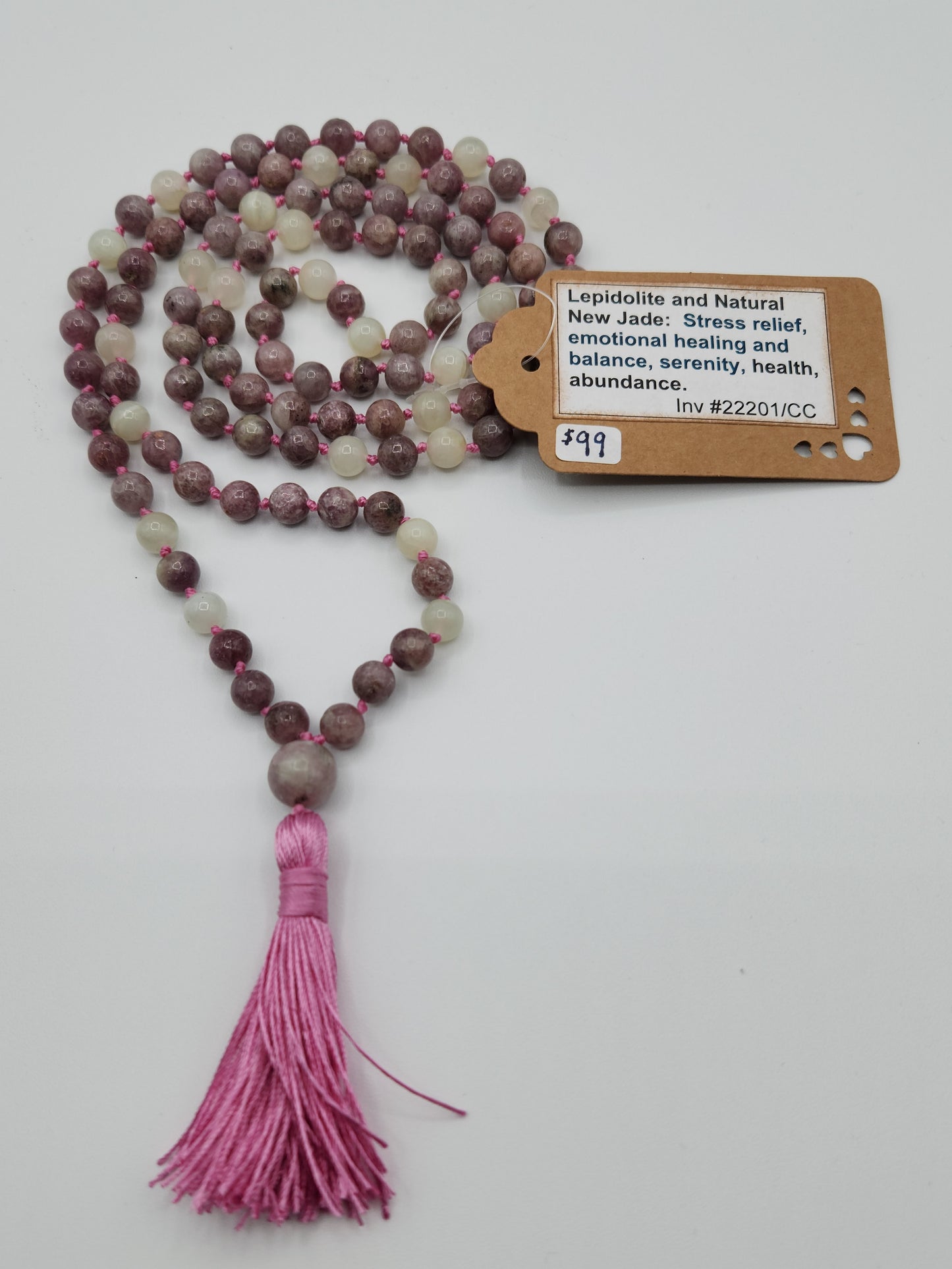 Mala Necklace Lepidolite and Natural New Jade 8mm