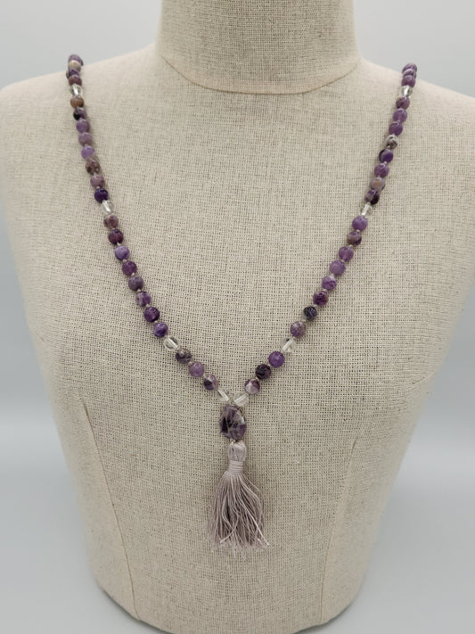 Mala Necklace Chevron Amethyst and Clear Quartz 8mm