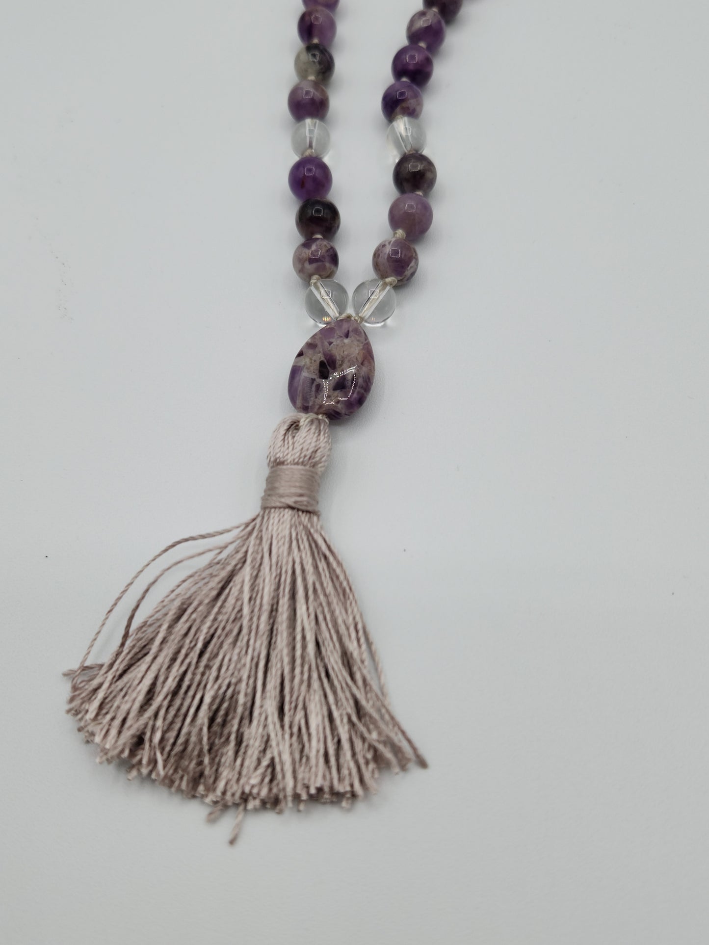 Mala Necklace Chevron Amethyst and Clear Quartz 8mm