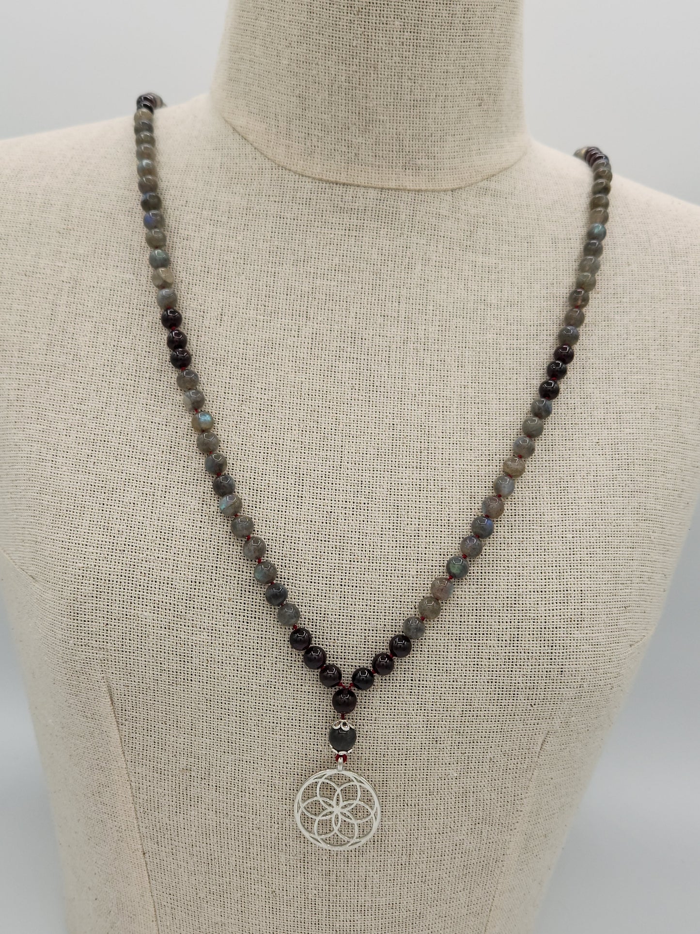 Mala Necklace Labradorite and Garnet 8mm