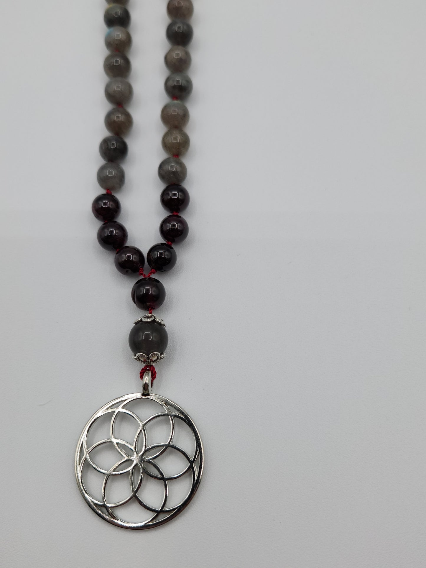 Mala Necklace Labradorite and Garnet 8mm