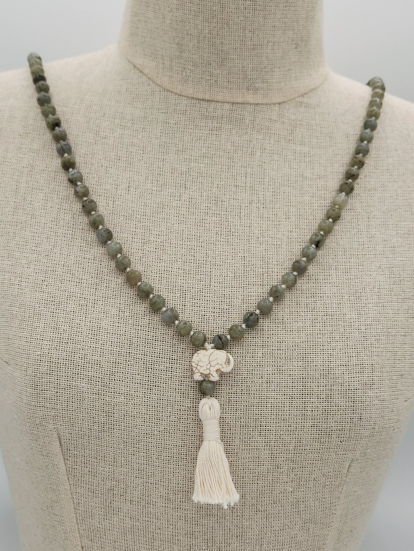 Mala Necklace Labradorite w/Elephant Guru Bead 8mm