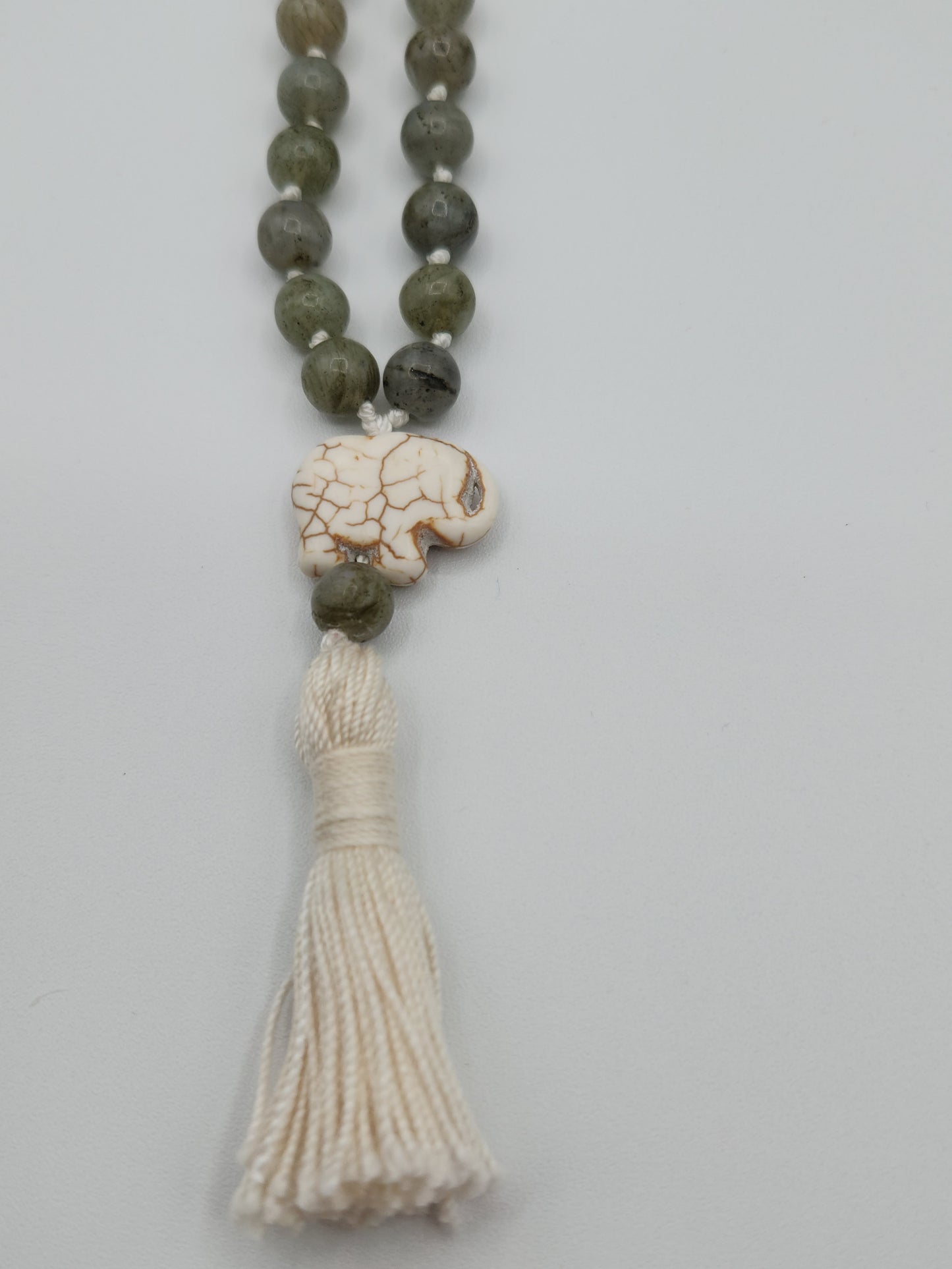 Mala Necklace Labradorite w/Elephant Guru Bead 8mm