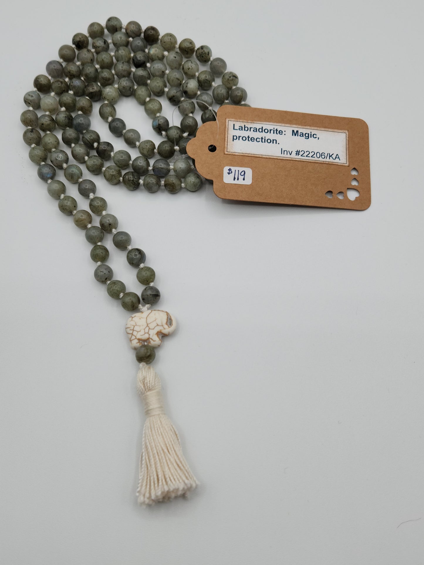 Mala Necklace Labradorite w/Elephant Guru Bead 8mm