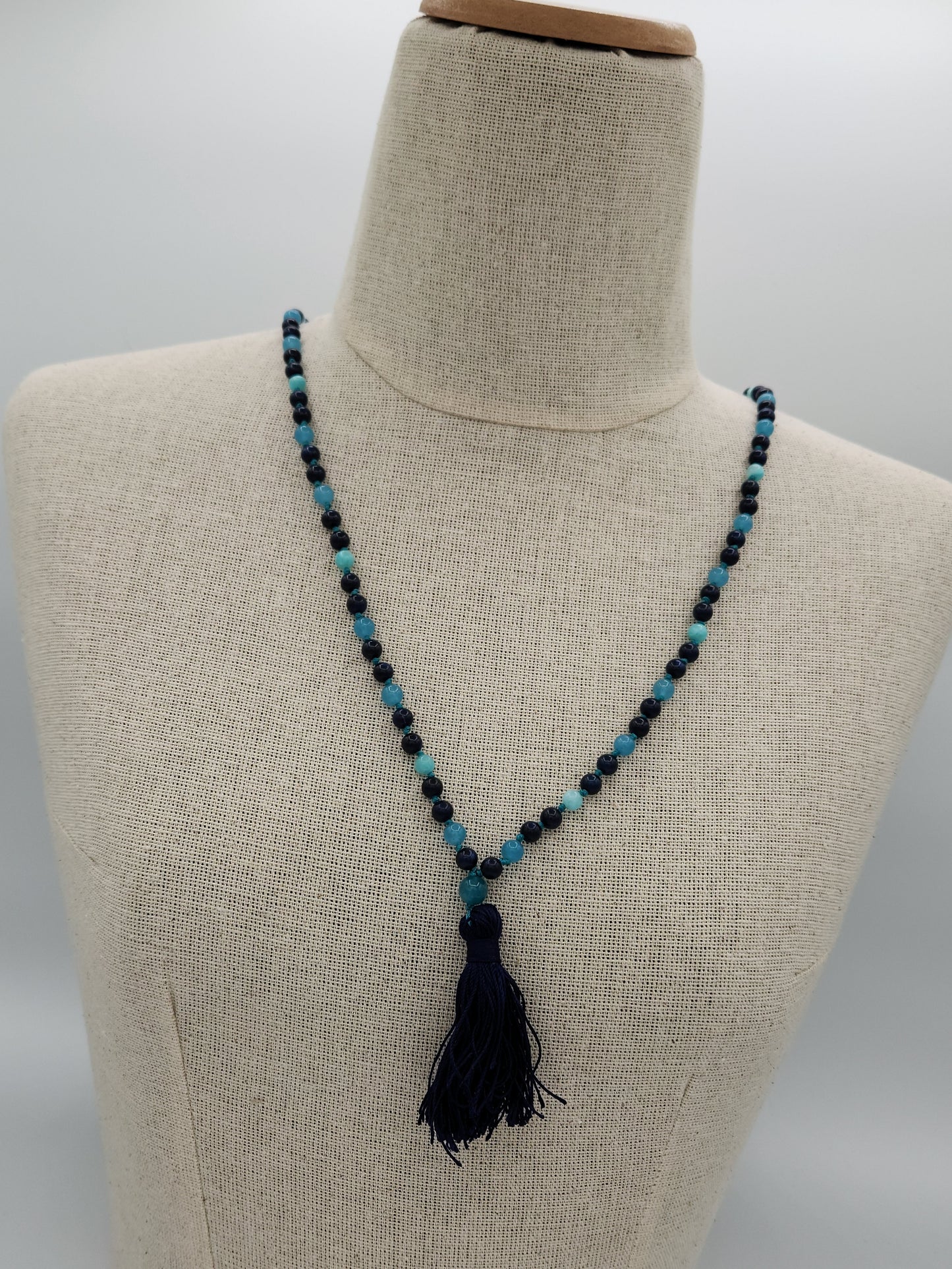 Mala Necklace Mashan Jade, Blue Quartz and Calcite 6mm