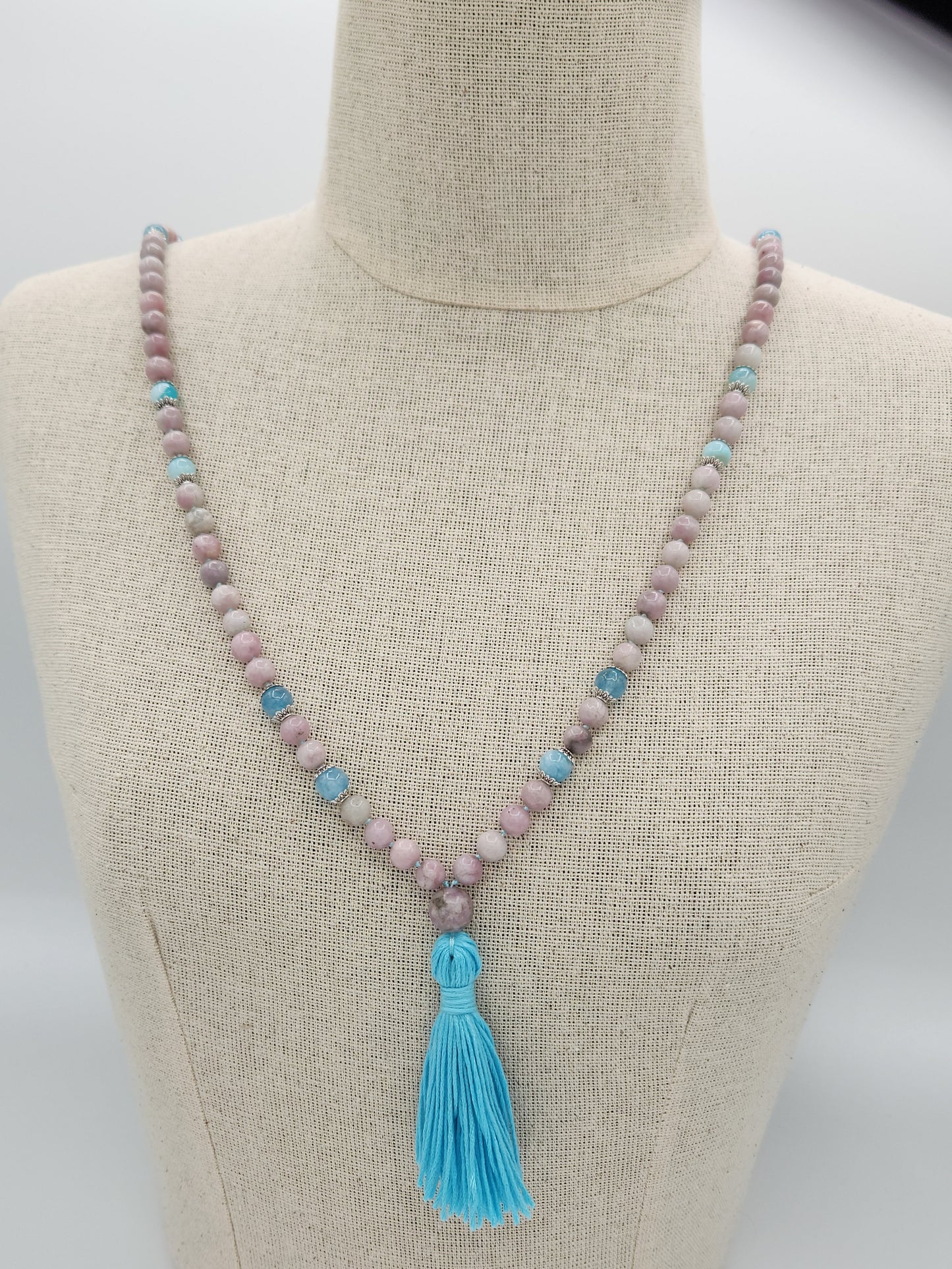 Mala Necklace Lepidolite and Aquamarine 8mm