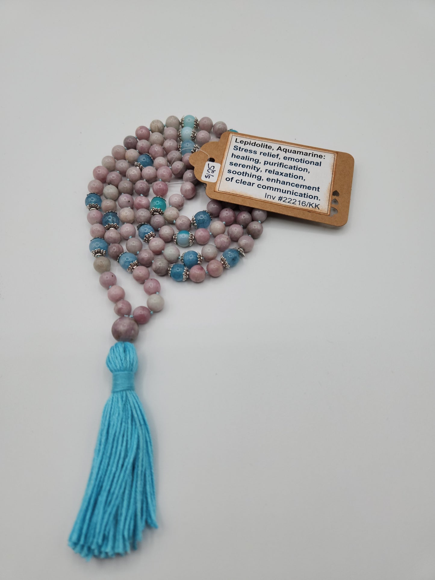 Mala Necklace Lepidolite and Aquamarine 8mm