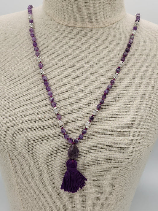 Mala Necklace Chevron Amethyst and White Lace Agate 6mm