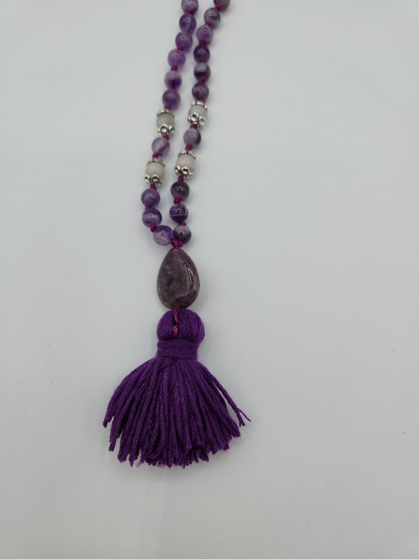 Mala Necklace Chevron Amethyst and White Lace Agate 6mm