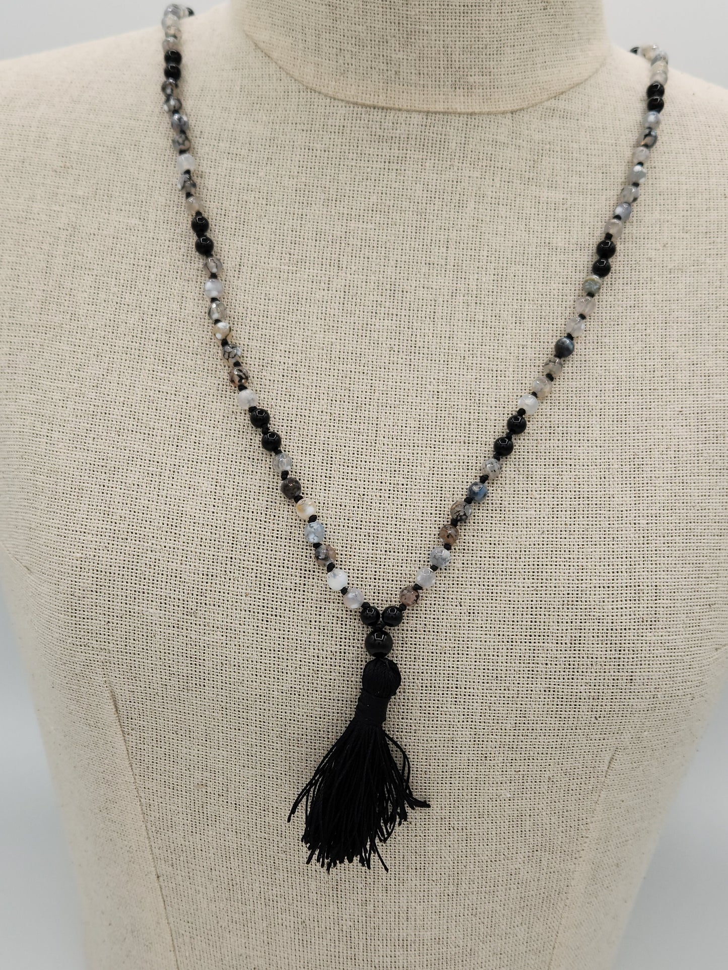 Mala Necklace Dragon Vein Agate, Black Onyx 6mm