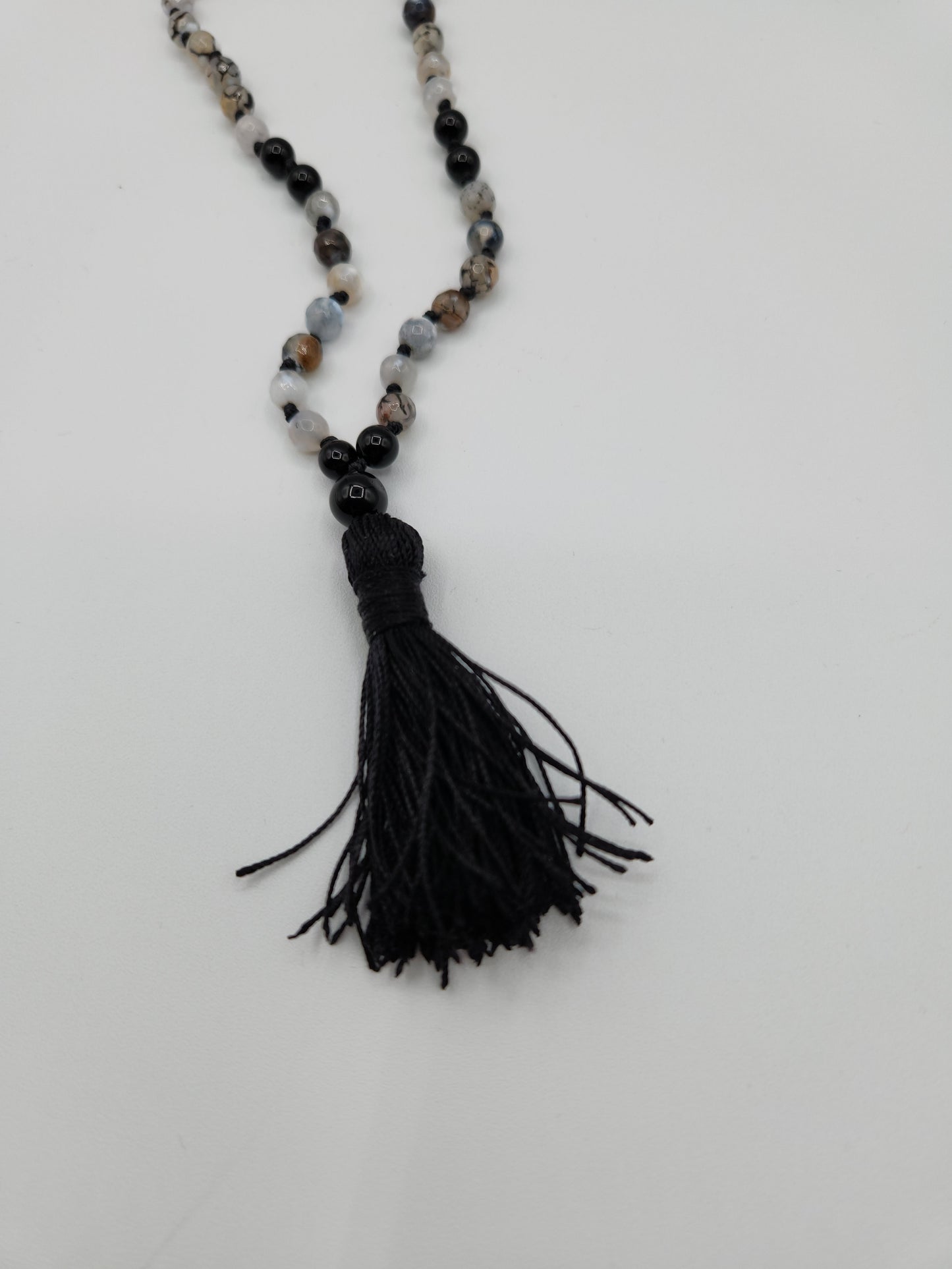 Mala Necklace Dragon Vein Agate, Black Onyx 6mm